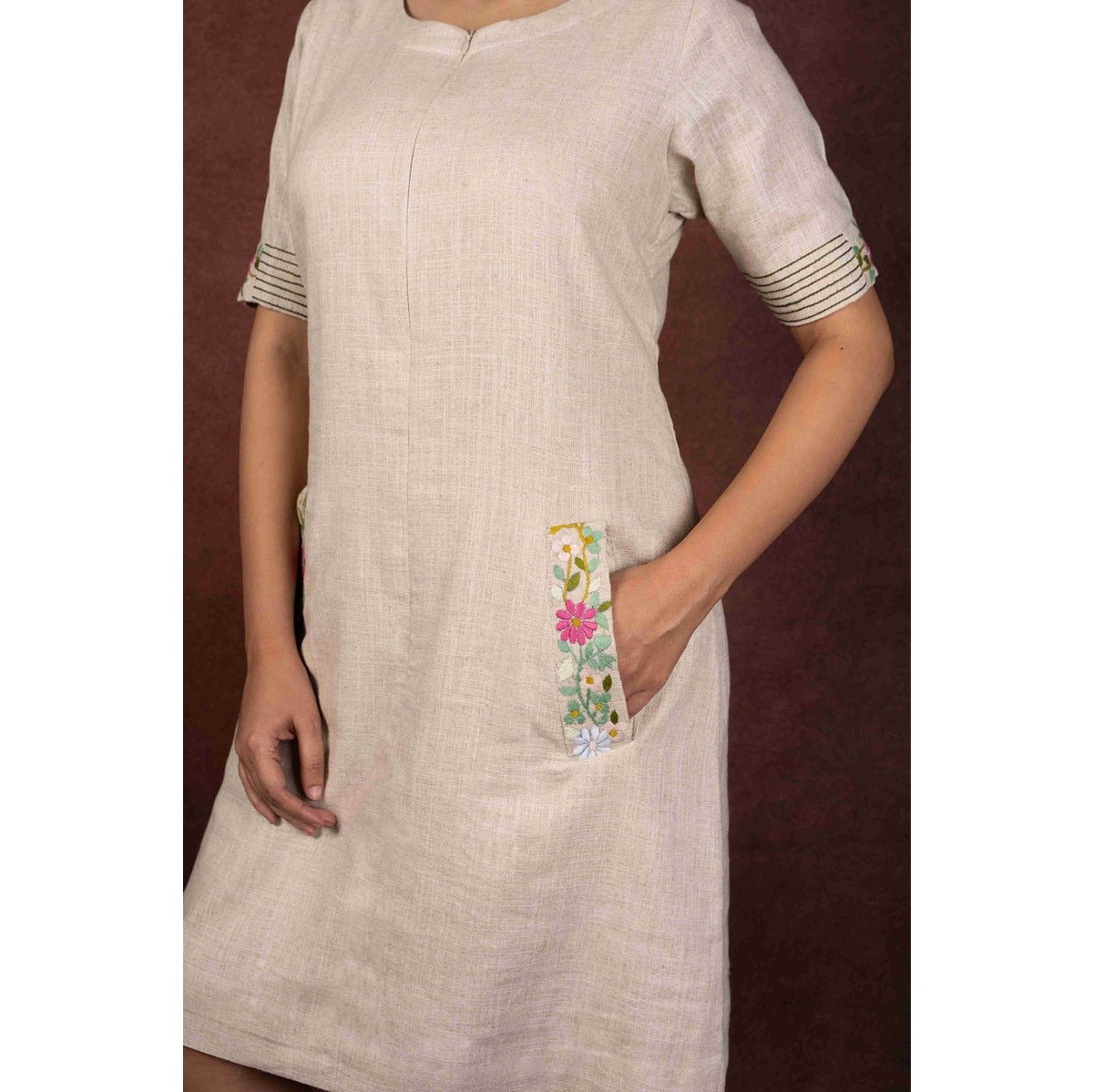 Aaranya Jute Cotton Dress With Pocket & Back Embroidery – Womens Dress on Brown Living™. SKU: HD1005XSN. Img 4.