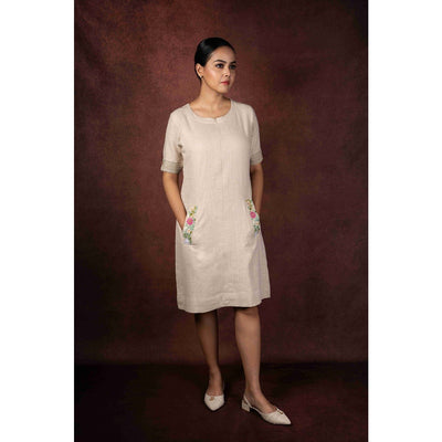 Aaranya Jute Cotton Dress With Pocket & Back Embroidery – Womens Dress on Brown Living™. SKU: HD1005XSN. Img 1.