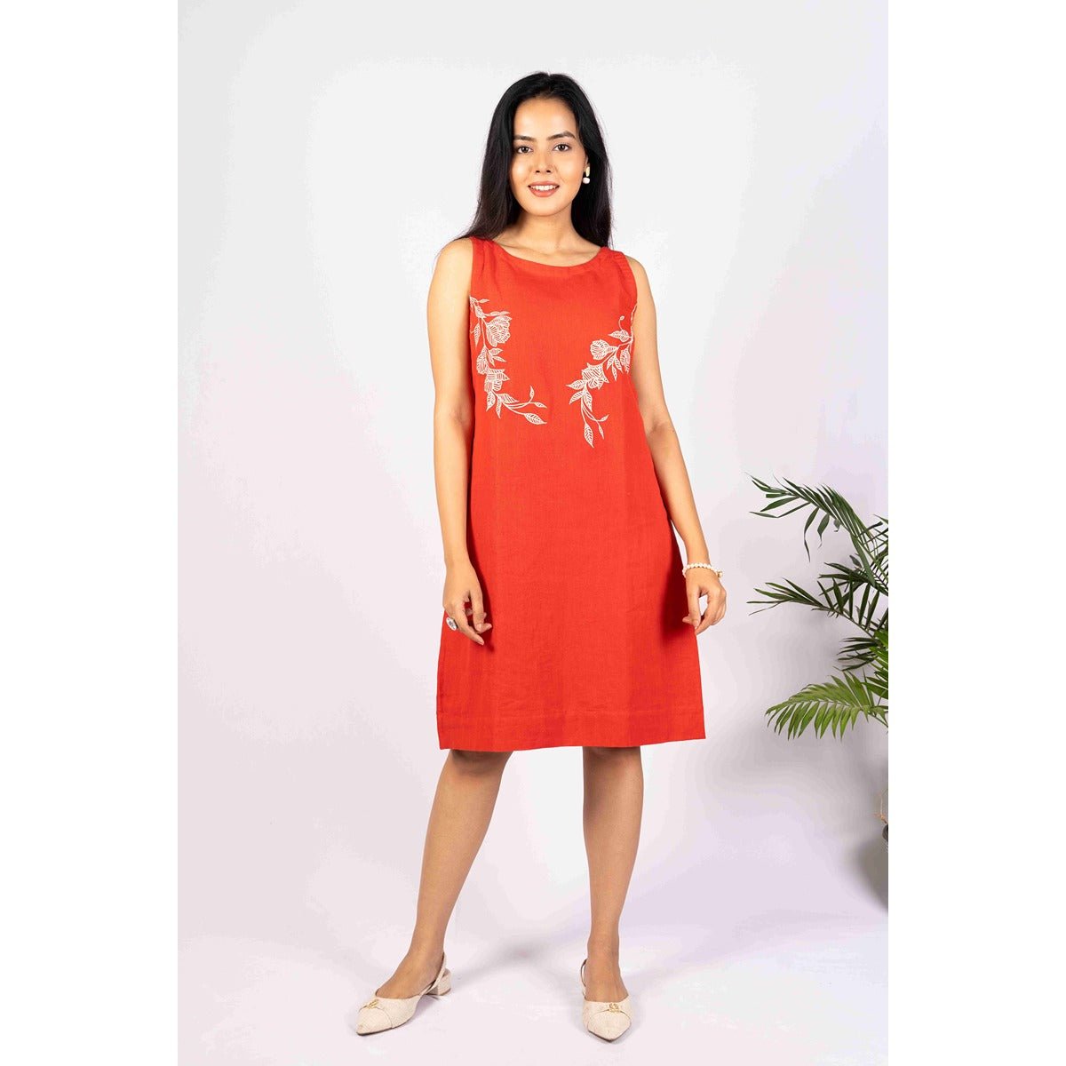 Aarohi Rust Red A - Line Dress With Hand Painting – Womens Dress on Brown Living™. SKU: HD1027. Img 1.