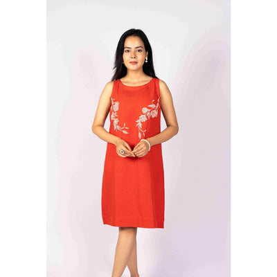 Aarohi Rust Red A - Line Dress With Hand Painting – Womens Dress on Brown Living™. SKU: HD1027XSN. Img 5.
