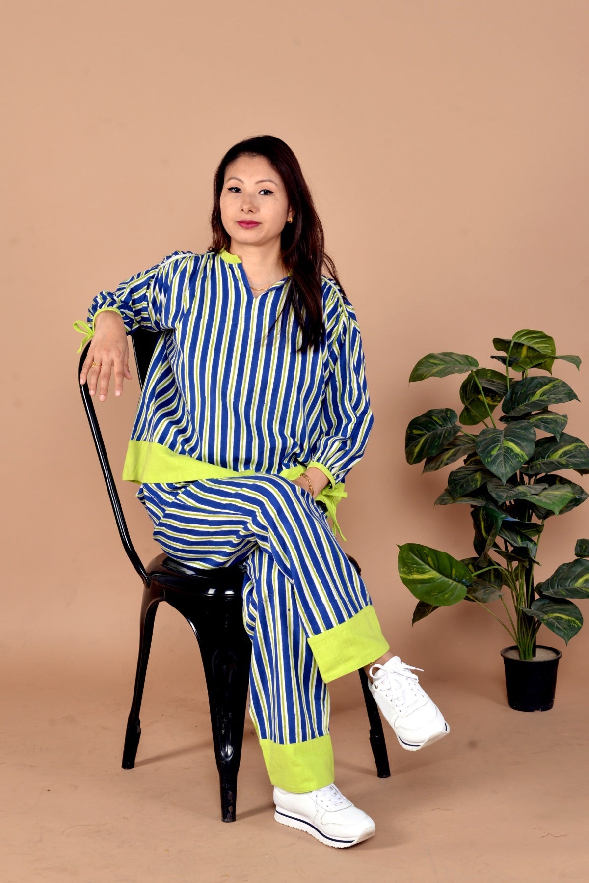 Aashi 2 Pc Blue Stripe Print Handloom Cotton Co - Ord Set | Verified Sustainable by Brown Living™