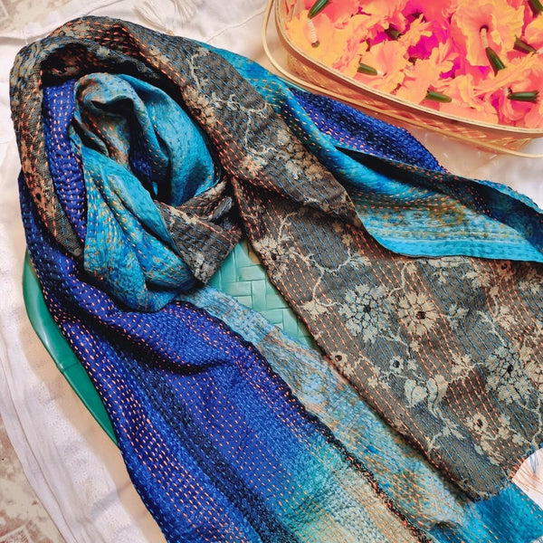 Aasman Kantha Stole - Blue and Green | Verified Sustainable Womens Dupatta on Brown Living™