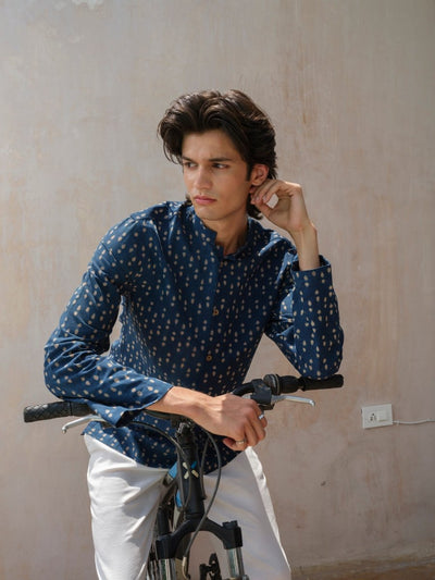Aatman - Indigo Blue Block Printed Organic Shirt – Mens Shirt by Vasudhaa Vastrram available on Brown Living™. S . SKU: VBLFS6S001M5005. Img 3.