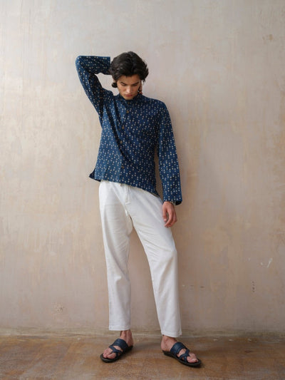Aatman - Indigo Blue Block Printed Organic Shirt – Mens Shirt by Vasudhaa Vastrram available on Brown Living™. S . SKU: VBLFS6S001M5005. Img 1.