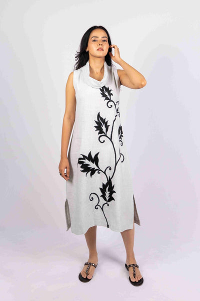 Abhaa Moonstone Grey Cowl Neck Linen Dress With Applique Work – Womens Dress on Brown Living™. SKU: HD1009. Img 1.