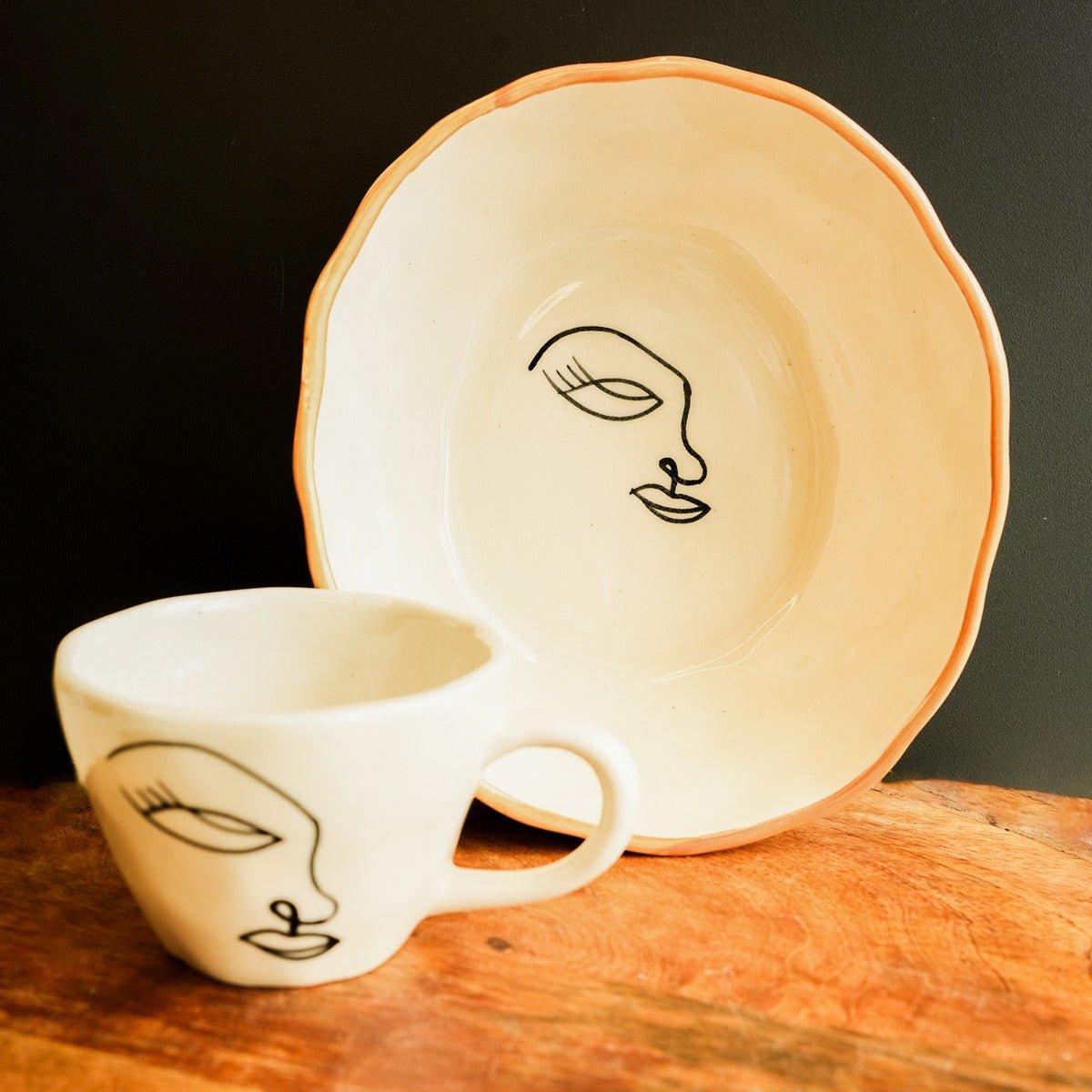 Abstract Breakfast Set – Modern Ceramic Dining Set – Plates & Bowls on Brown Living™. SKU: S - 408. Img 1.
