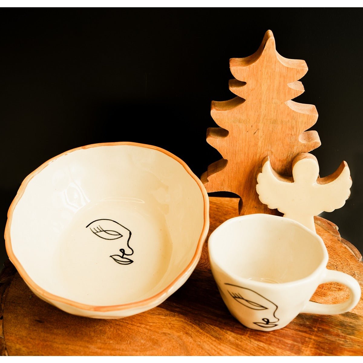 Abstract Breakfast Set – Modern Ceramic Dining Set – Plates & Bowls on Brown Living™. SKU: S - 408. Img 2.
