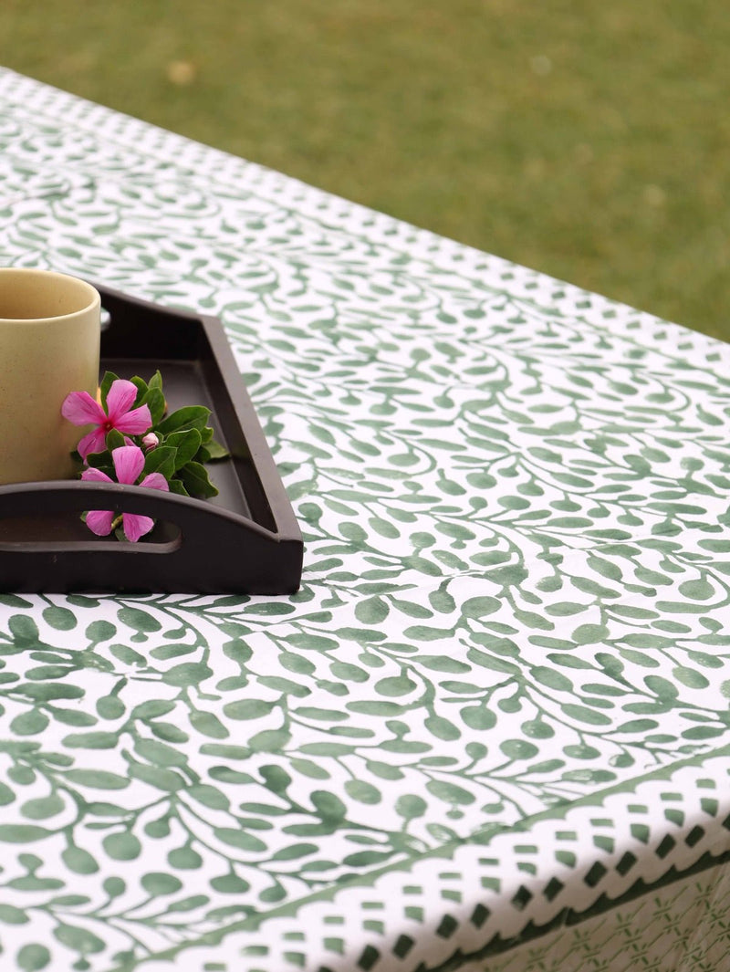 Abstract Leaf Green and White Table Cover | Verified Sustainable Table Linens on Brown Living™