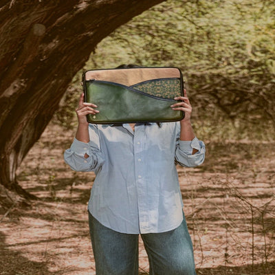 Acacia Vegan Leather Laptop Sleeve - Olive – Laptop Sleeve on Brown Living™. SKU: LSGH2025 - 5002. Img 7.