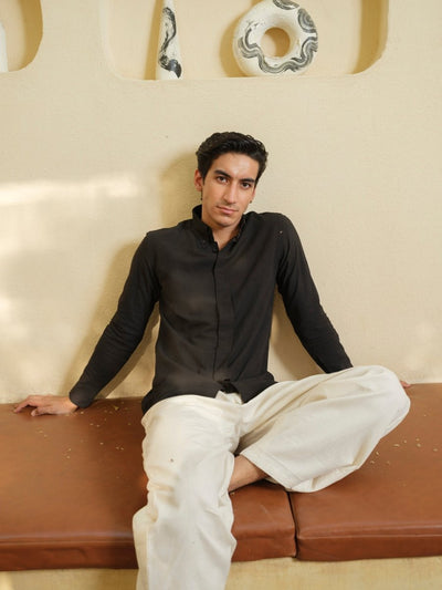 Achal - Charcoal Black Organic Shirt – Mens Shirt by Vasudhaa Vastrram available on Brown Living™. S . SKU: VDYFSS001M5008. Img 1.
