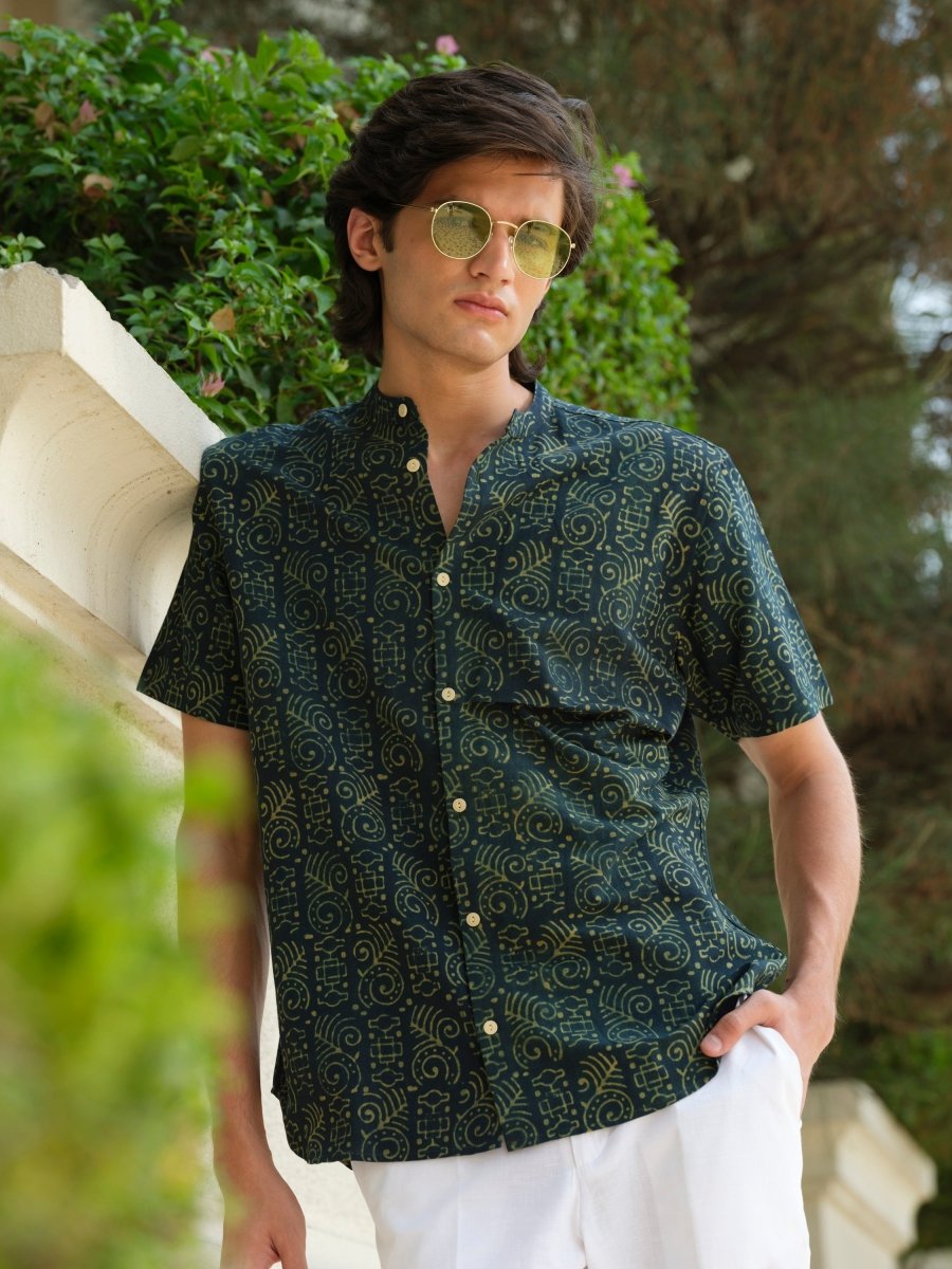 Achhedya - Green Block Print Half Sleeve Shirt – Mens Shirt by Vasudhaa Vastrram available on Brown Living™. S . SKU: VBLHSS6001M5003. Img 3.