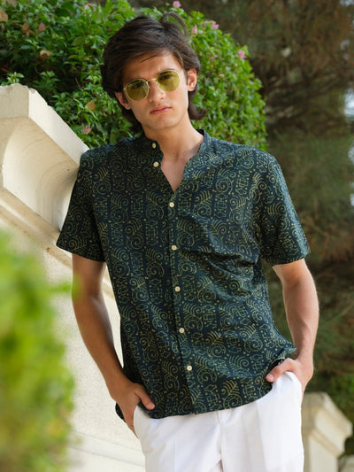 Achhedya - Green Block Print Half Sleeve Shirt – Mens Shirt by Vasudhaa Vastrram available on Brown Living™. S . SKU: VBLHSS6001M5003. Img 2.