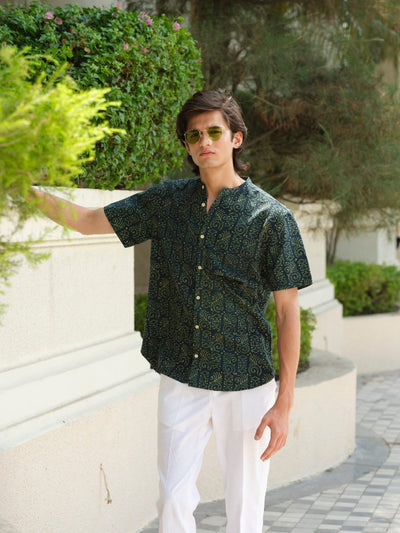 Achhedya - Green Block Print Half Sleeve Shirt – Mens Shirt by Vasudhaa Vastrram available on Brown Living™. S . SKU: VBLHSS6001M5003. Img 1.