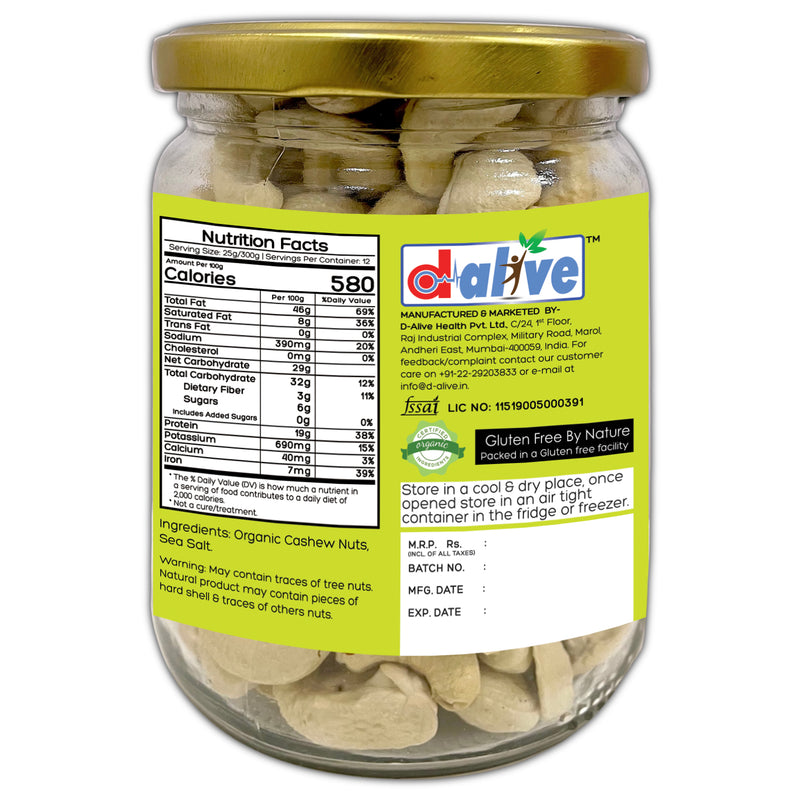 Buy Activated / Sprouted Organic Cashews - Mildly Salted- 300g | Shop Verified Sustainable Dried Fruits, Nuts & Seeds on Brown Living™