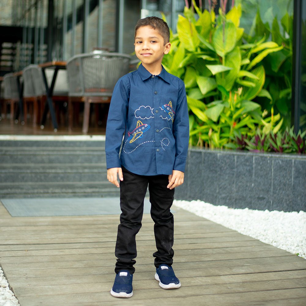 Aeroplane Embroidered Organic Cotton Shirt - Navy – Kids Shirts on Brown Living™. SKU: NANFS007EMB024 - 18M. Img 2.