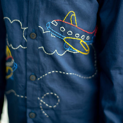 Aeroplane Embroidered Organic Cotton Shirt - Navy – Kids Shirts on Brown Living™. SKU: NANFS007EMB024 - 18M. Img 5.