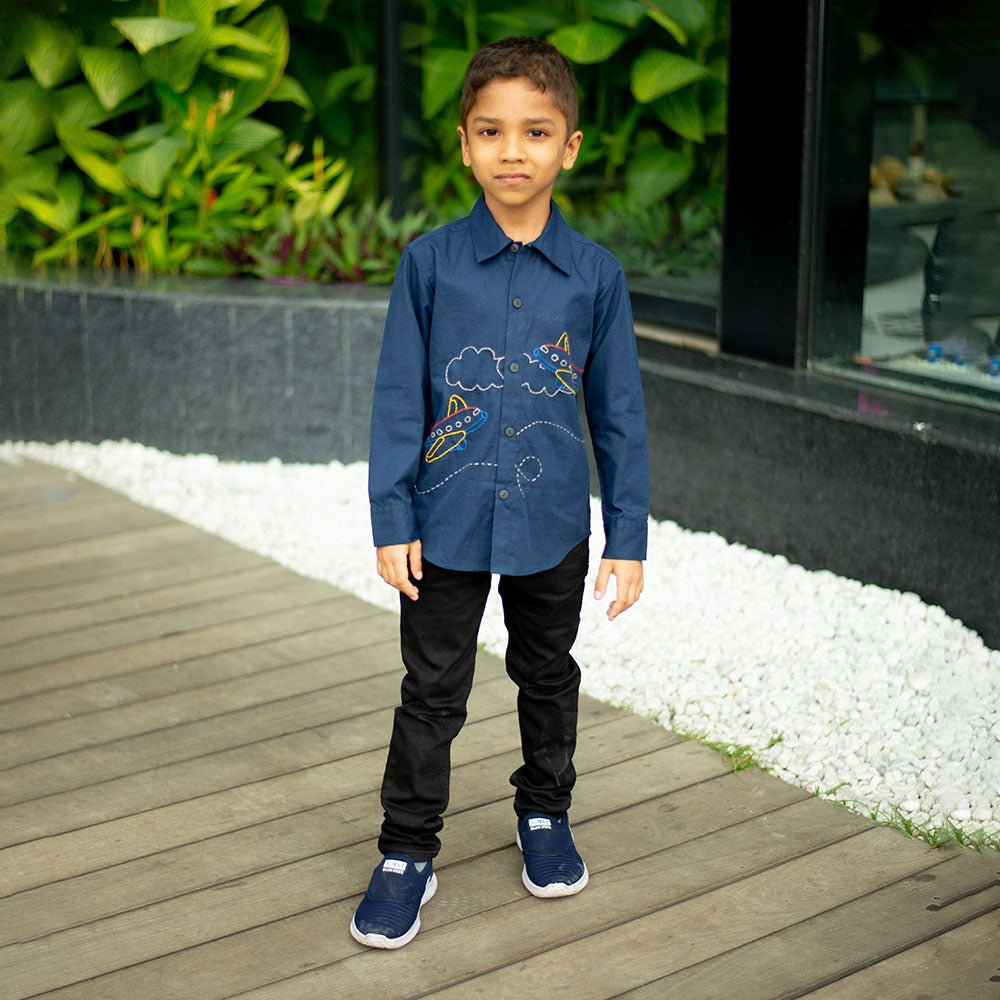 Aeroplane Embroidered Organic Cotton Shirt - Navy – Kids Shirts on Brown Living™. SKU: NANFS007EMB024 - 18M. Img 1.