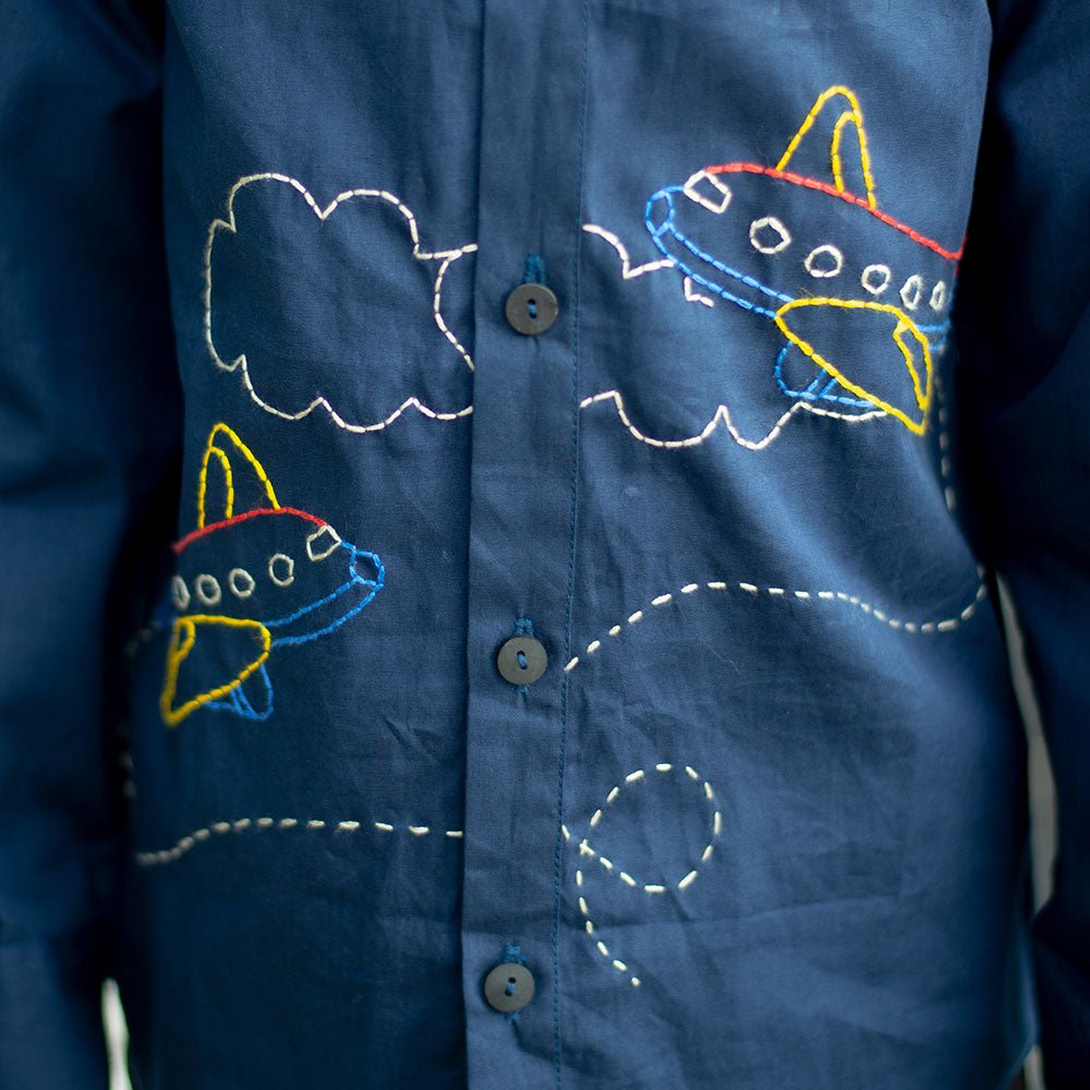 Aeroplane Embroidered Organic Cotton Shirt - Navy – Kids Shirts on Brown Living™. SKU: NANFS007EMB024 - 18M. Img 3.