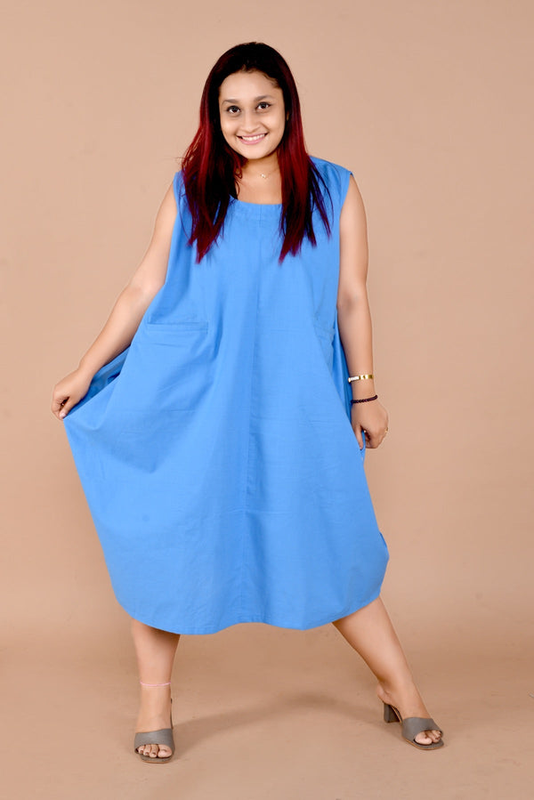 Ahana Sleevless Oversized Handloom Cotton Dress Blue | Verified Sustainable Womens Dress on Brown Living™
