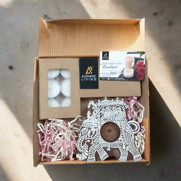 Airavat Wooden T - Light Holder with a pack of 6 soywax t - light candles | Verified Sustainable Gift Giving on Brown Living™