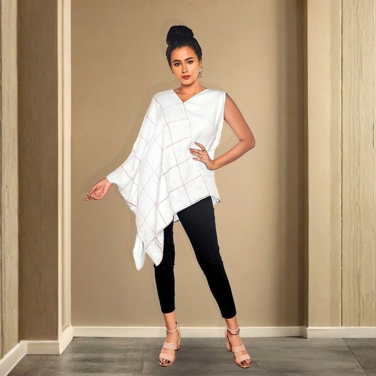 Aivah Top - White Asymmetric Handkerchief Hem in Hemp – Womens Top on Brown Living™. SKU: JDS4004XS. Img 1.