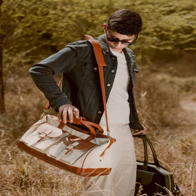 Ajax Vegan Leather Duffle Bag - Beige & Gingerbread – Travel Duffel on Brown Living™. SKU: TDGH2025 - 1001. Img 8.