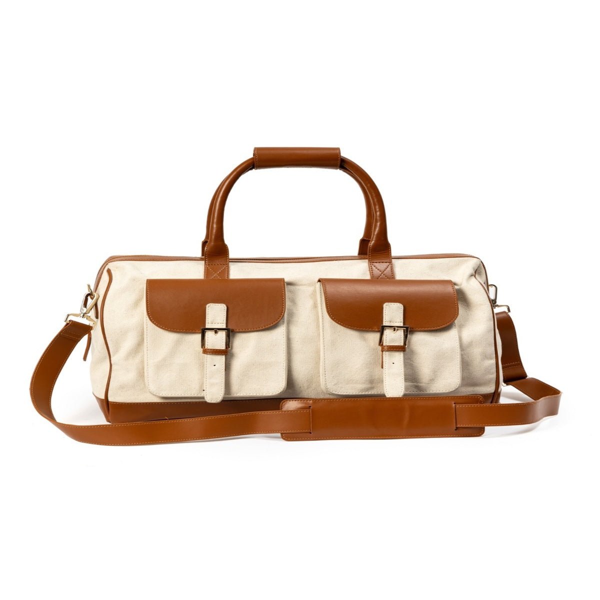 Ajax Vegan Leather Duffle Bag - Beige & Gingerbread – Travel Duffel by Green Hermitage available on Brown Living™. . SKU: TDGH2025 - 1001. Img 2.