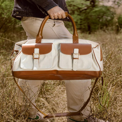 Ajax Vegan Leather Duffle Bag - Beige & Gingerbread – Travel Duffel on Brown Living™. SKU: TDGH2025 - 1001. Img 7.