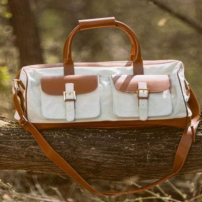 Ajax Vegan Leather Duffle Bag - Beige & Gingerbread – Travel Duffel on Brown Living™. SKU: TDGH2025 - 1001. Img 6.