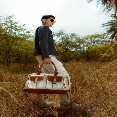 Ajax Vegan Leather Duffle Bag - Beige & Gingerbread – Travel Duffel on Brown Living™. SKU: TDGH2025 - 1001. Img 5.