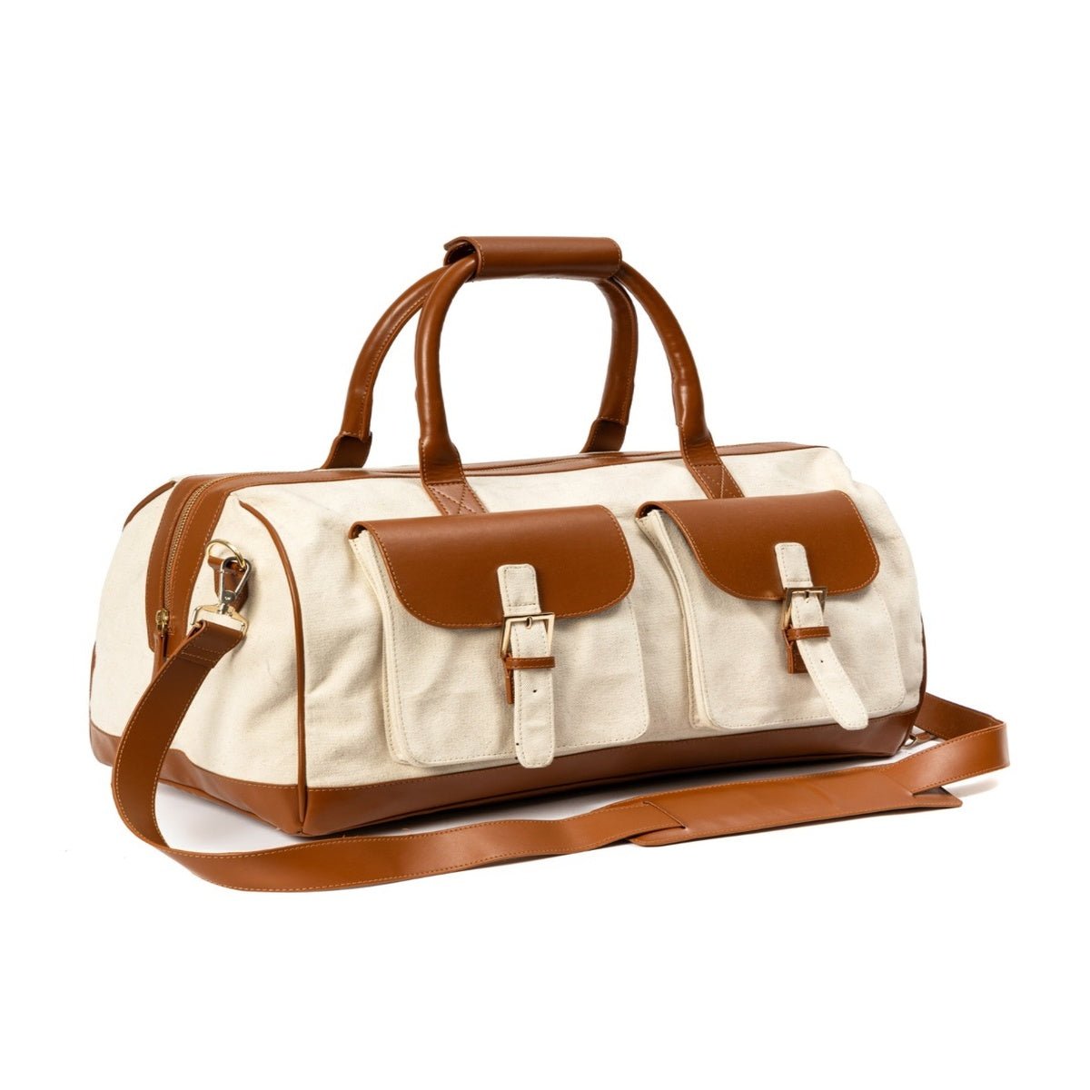 Ajax Vegan Leather Duffle Bag - Beige & Gingerbread – Travel Duffel by Green Hermitage available on Brown Living™. . SKU: TDGH2025 - 1001. Img 1.