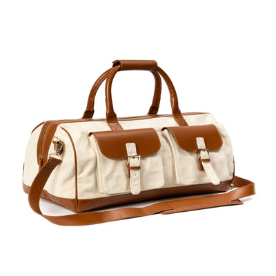 Ajax Vegan Leather Duffle Bag - Beige & Gingerbread – Travel Duffel on Brown Living™. SKU: TDGH2025 - 1001. Img 1.