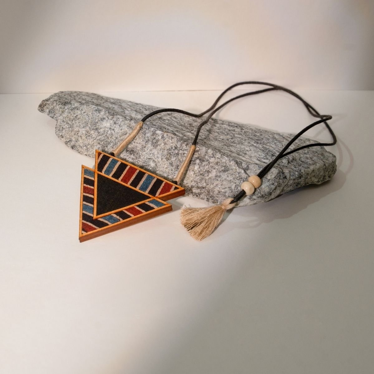 Ajrakh Repurposed Fabric & Wood Triangular Necklace Earrings Combo – Womens Earrings on Brown Living™. SKU: JCC003. Img 4.