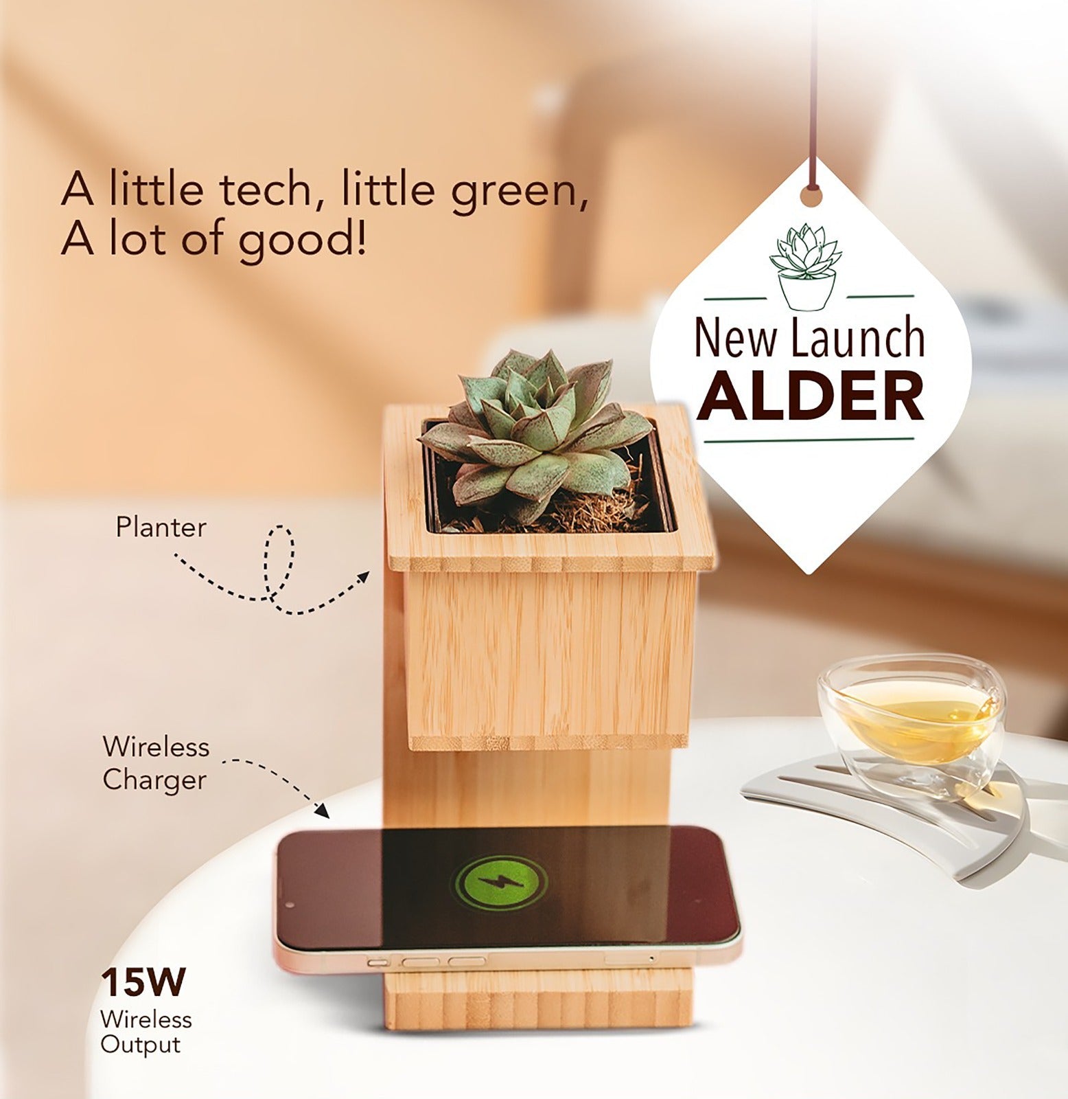 Alder Wireless Charger with Planter | Smart Desk Décor – Desk Accessories on Brown Living™. SKU: MT596. Img 4.