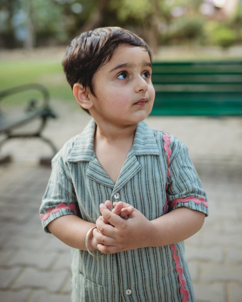 Alouette Jacquard Striped Cotton Shirt with Cuban Collar | Verified Sustainable Kids Shirts on Brown Living™