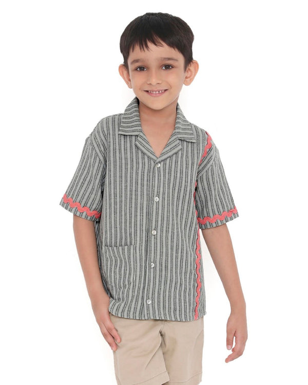 Alouette Jacquard Striped Cotton Shirt with Cuban Collar | Verified Sustainable Kids Shirts on Brown Living™