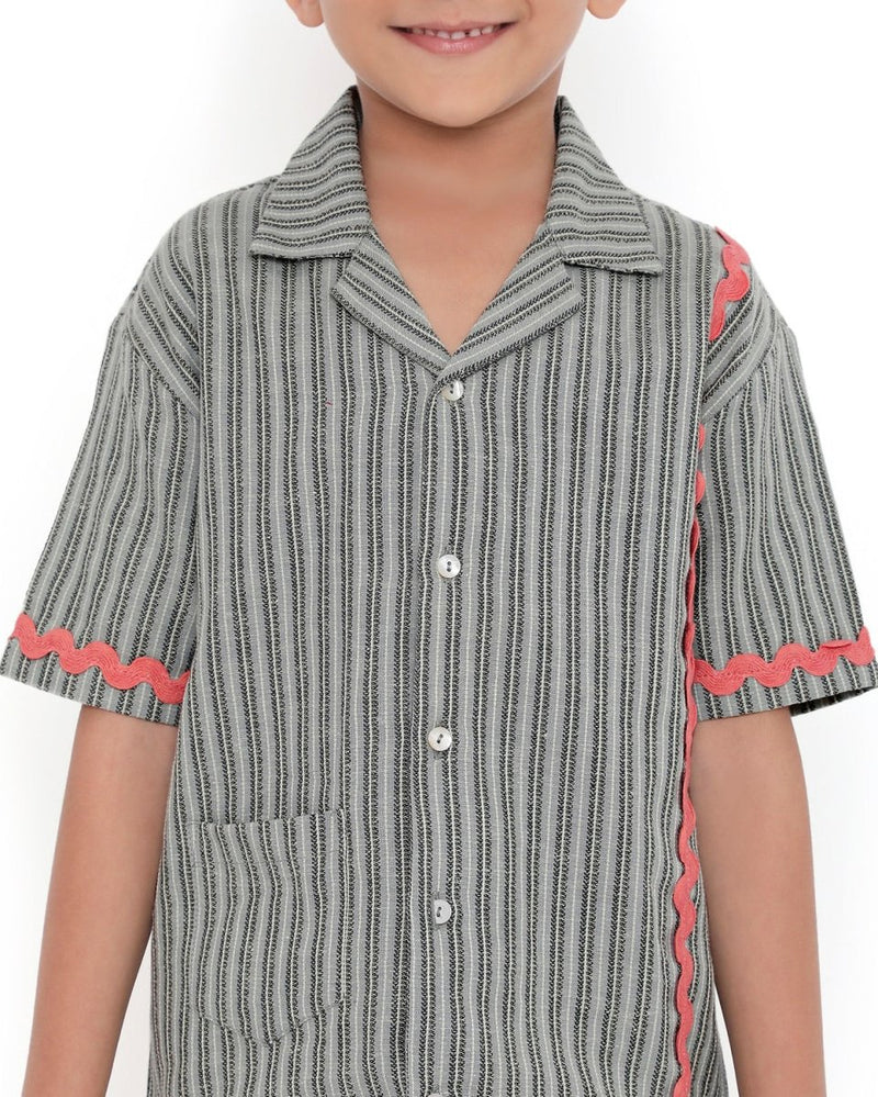 Alouette Jacquard Striped Cotton Shirt with Cuban Collar | Verified Sustainable Kids Shirts on Brown Living™