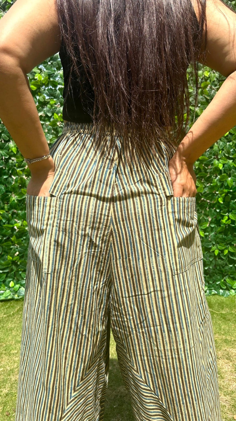 Amani Cowl Handloom Cotton Pants With Elastic- Blue Stripe | Verified Sustainable Womens Pants on Brown Living™