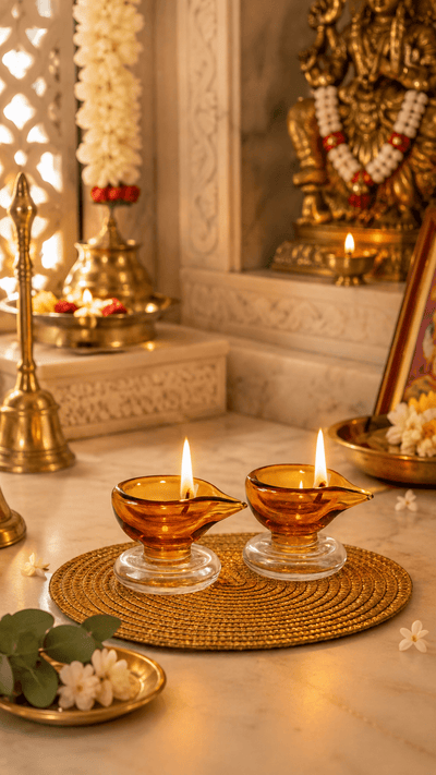 Ambar Jyot – Art Glass Puja Diya Traditional Deep – Pooja Needs on Brown Living™. SKU: AMBARJYOT-DIYA. Img 1.