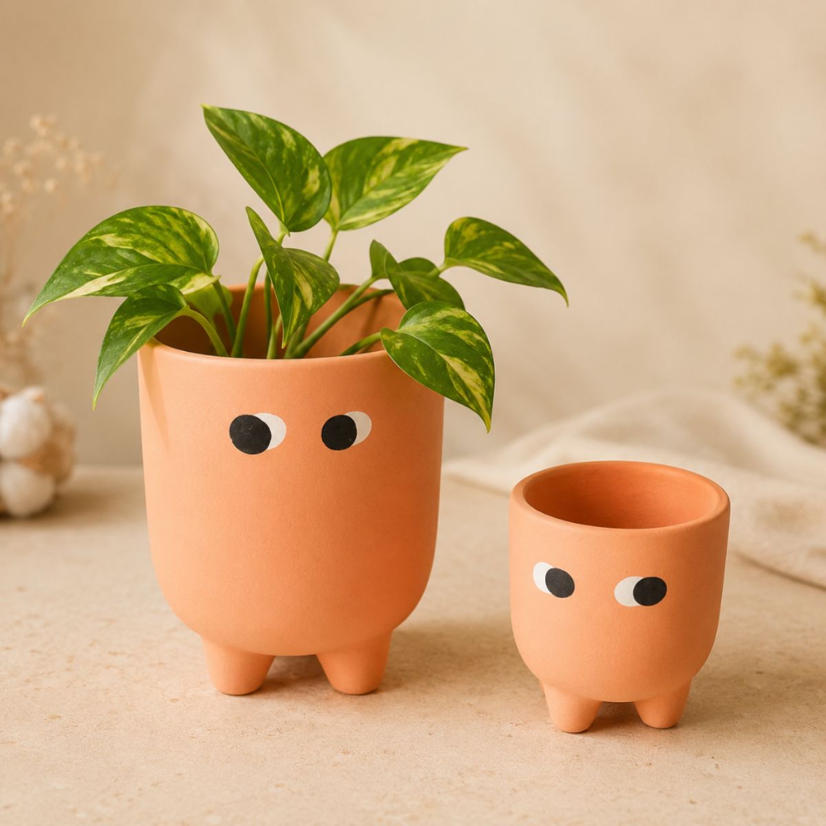 Amber Muse Face Planter Set of 2 | Orange Decorative Planters – Ceramic Planter on Brown Living™. SKU: D-474. Img 1.