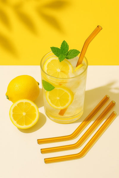 Amber Transparent Glass Straws with Cleaning Brush – Set of 6 – Drinking Straws & Stirrers on Brown Living™. SKU: PINK - NW - STRW. Img 2.