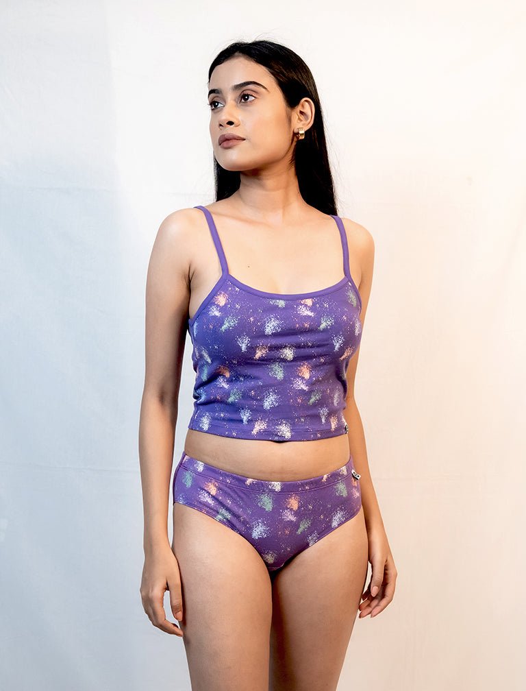 Amethyst Cotton Lingerie Set – Womens Accessories on Brown Living™. SKU: 008PSCL - BikiniPurpleSpltrAOP - XS. Img 1.