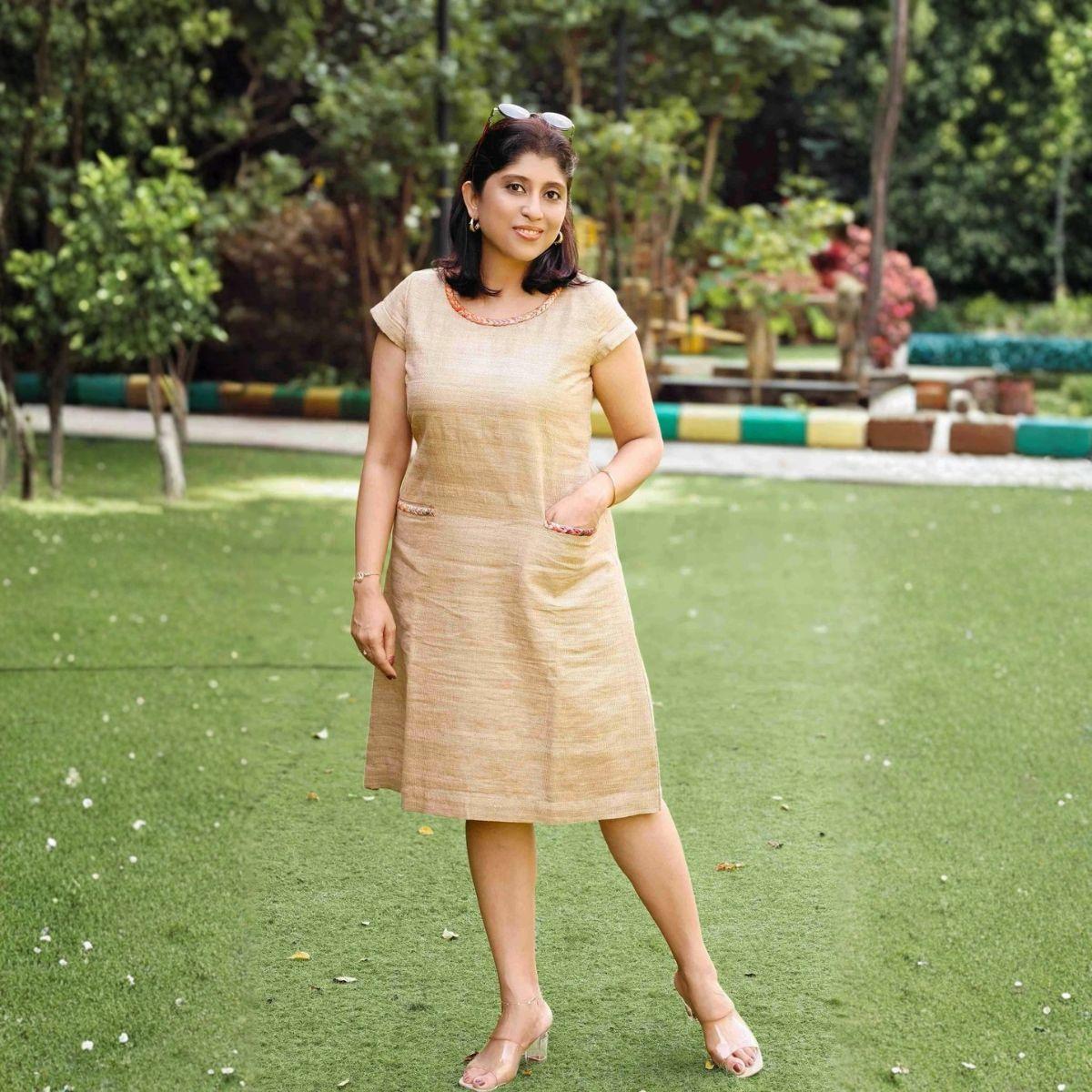 Anahita Natural Beige Zari Gicha Dress With Intricate Braid Work – Womens Dress on Brown Living™. SKU: HD1012. Img 3.