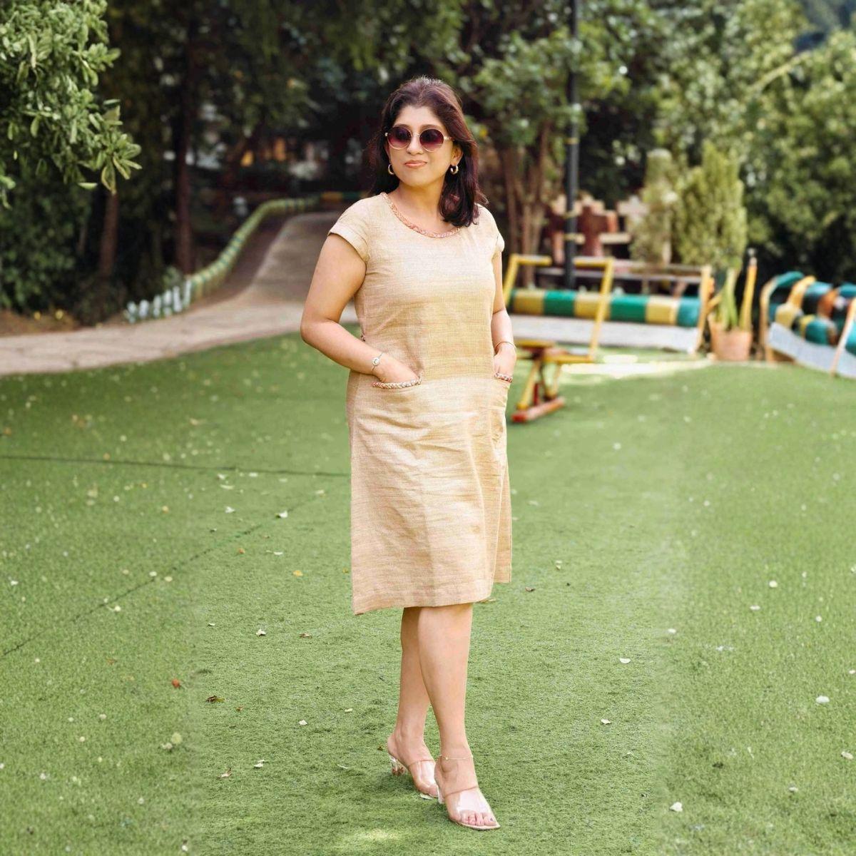 Anahita Natural Beige Zari Gicha Dress With Intricate Braid Work – Womens Dress on Brown Living™. SKU: HD1012. Img 2.