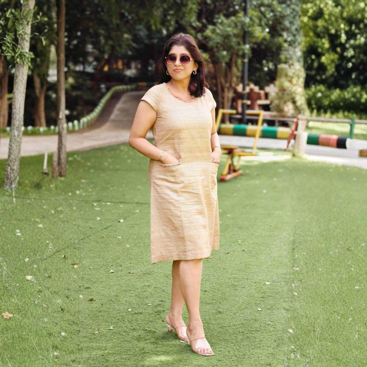 Anahita Natural Beige Zari Gicha Dress With Intricate Braid Work – Womens Dress on Brown Living™. SKU: HD1012. Img 1.