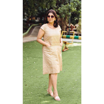 Anahita Natural Beige Zari Gicha Dress With Intricate Braid Work – Womens Dress on Brown Living™. SKU: HD1012XSN. Img 1.