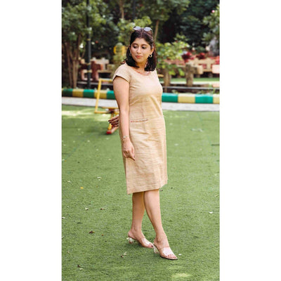 Anahita Natural Beige Zari Gicha Dress With Intricate Braid Work – Womens Dress on Brown Living™. SKU: HD1012XSN. Img 3.