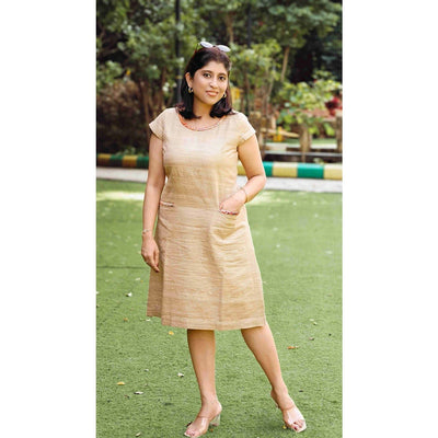Anahita Natural Beige Zari Gicha Dress With Intricate Braid Work – Womens Dress on Brown Living™. SKU: HD1012XSN. Img 2.