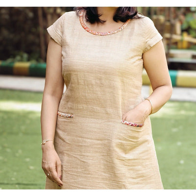 Anahita Natural Beige Zari Gicha Dress With Intricate Braid Work – Womens Dress on Brown Living™. SKU: HD1012XSN. Img 4.