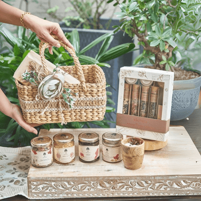 Ānanda Basket - Traditional Ayurvedic Wellness Hamper – Gift Giving on Brown Living™. SKU: Anand_1000gms. Img 1.